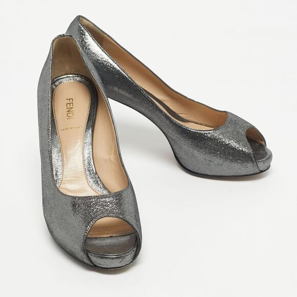 Fendi Silver Texture Suede Peep Toe Platform Pumps Size 38.5 - Picture 4 of 7